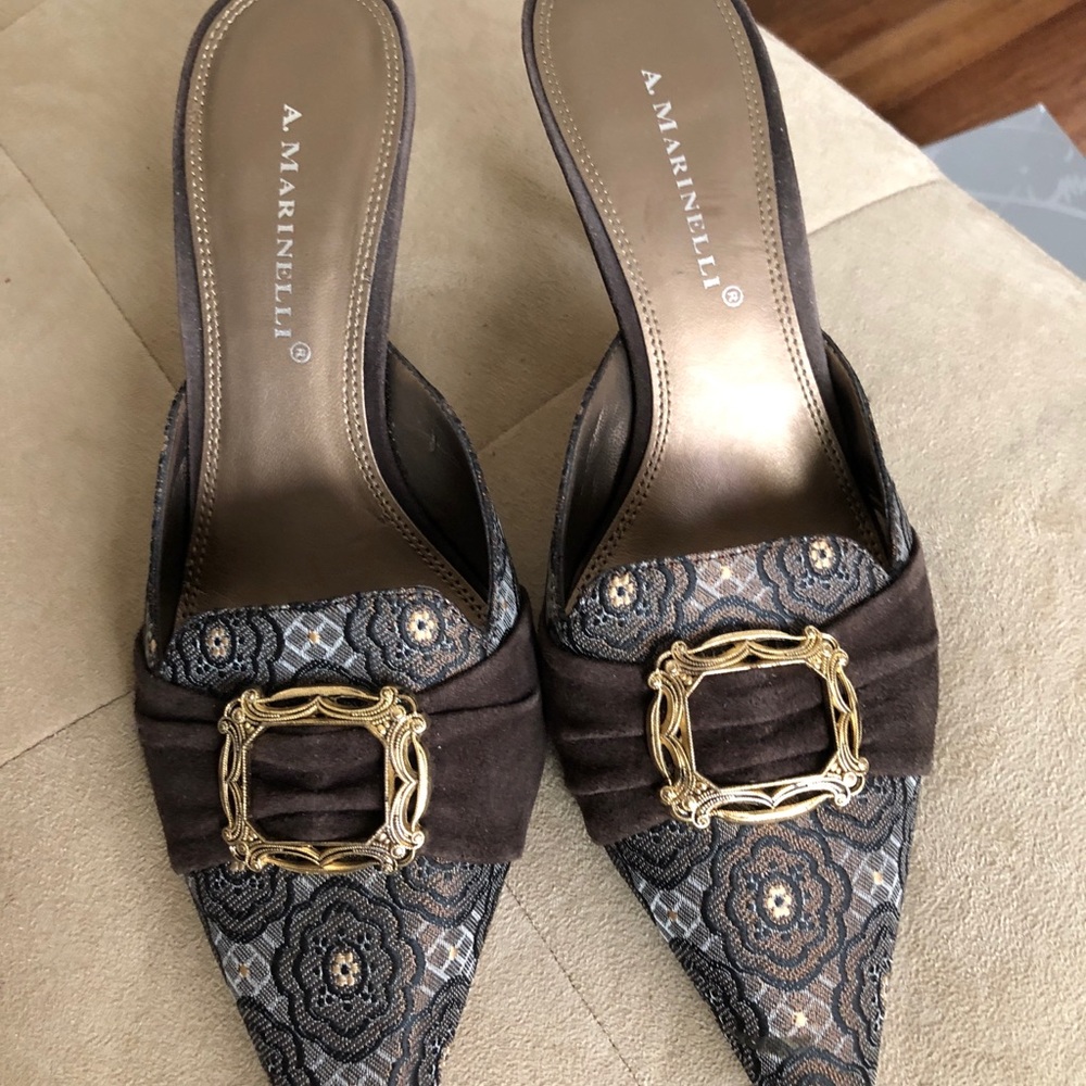 Kitten heel slip-on with fabric and buckle detail